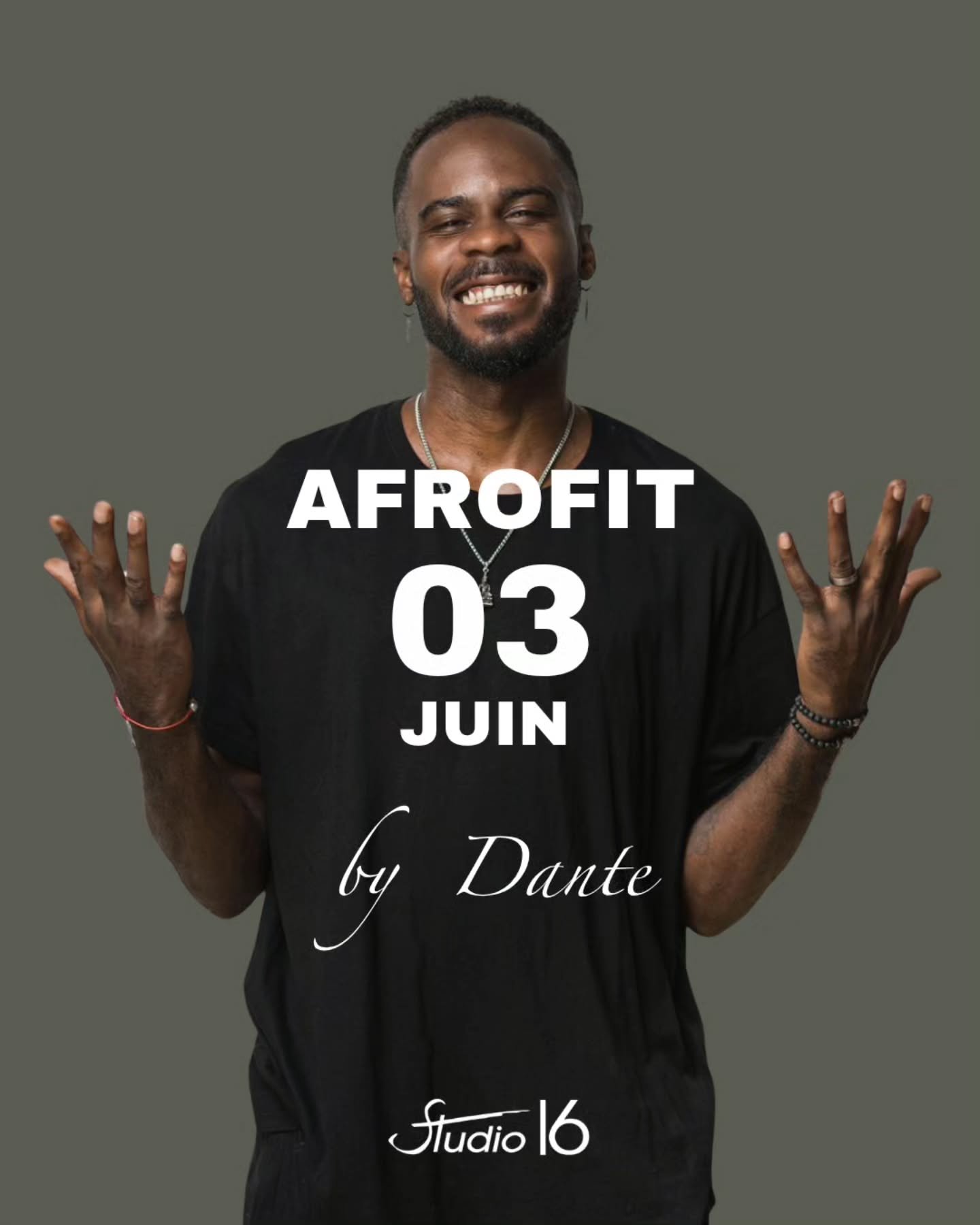 DANTE MAYILLA
AFROFIT

Une seule date. Un &eacute;v&eacute;nement exclusif.

Rejoins ce cours exclusif pour partager une heure  de danse dans une ambiance Afro party survolt&eacute;e.
Br&ucirc;le des calories
Lib&egrave;re ton esprit
Renforce ton end