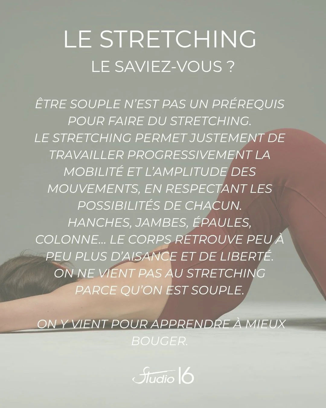 LE STRETCHING 
On pense souvent au stretching quand on veut gagner en souplesse&hellip; mais ses bienfaits vont bien au-del&agrave;. 🤍
Prendre le temps de s&rsquo;&eacute;tirer, c&rsquo;est aussi travailler sa mobilit&eacute;, d&eacute;lier le corps