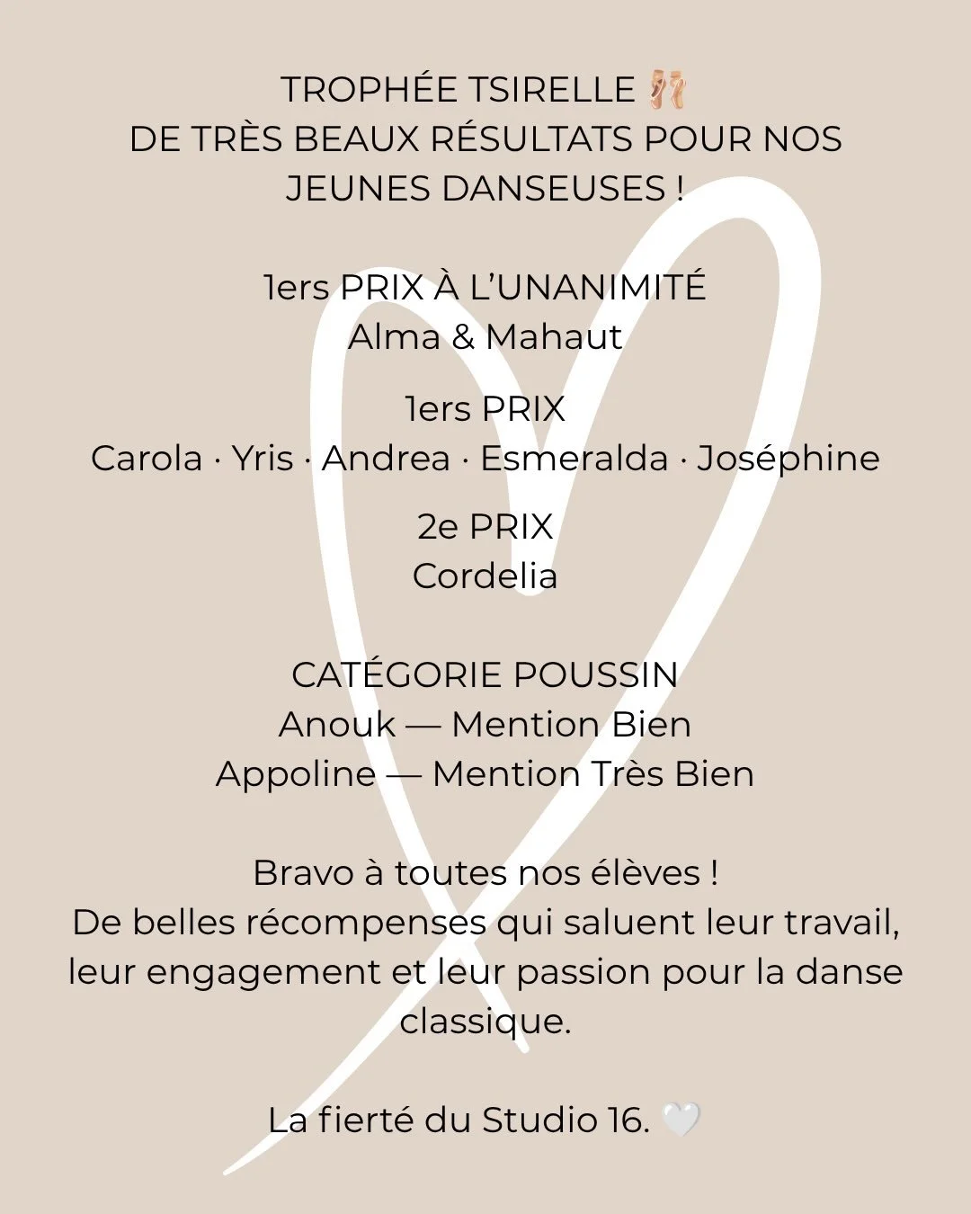 CONCOURS TSIRELLE &mdash; DE TR&Egrave;S BEAUX R&Eacute;SULTATS POUR LE STUDIO 16 ! 🩰🏆
Une belle fiert&eacute; pour notre classe concours classique !
Nos jeunes danseuses ont brillamment repr&eacute;sent&eacute; le Studio 16 au concours du Troph&ea
