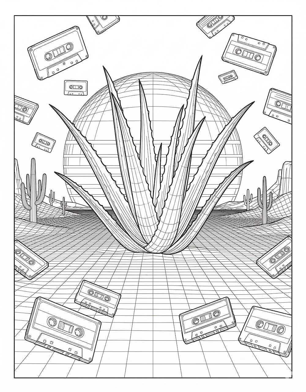 A digital wireframe drawing featuring a large cannabis leaf in the center, with a planet-like sphere behind it, surrounded by desert cacti, and floating cassette tapes in the sky.