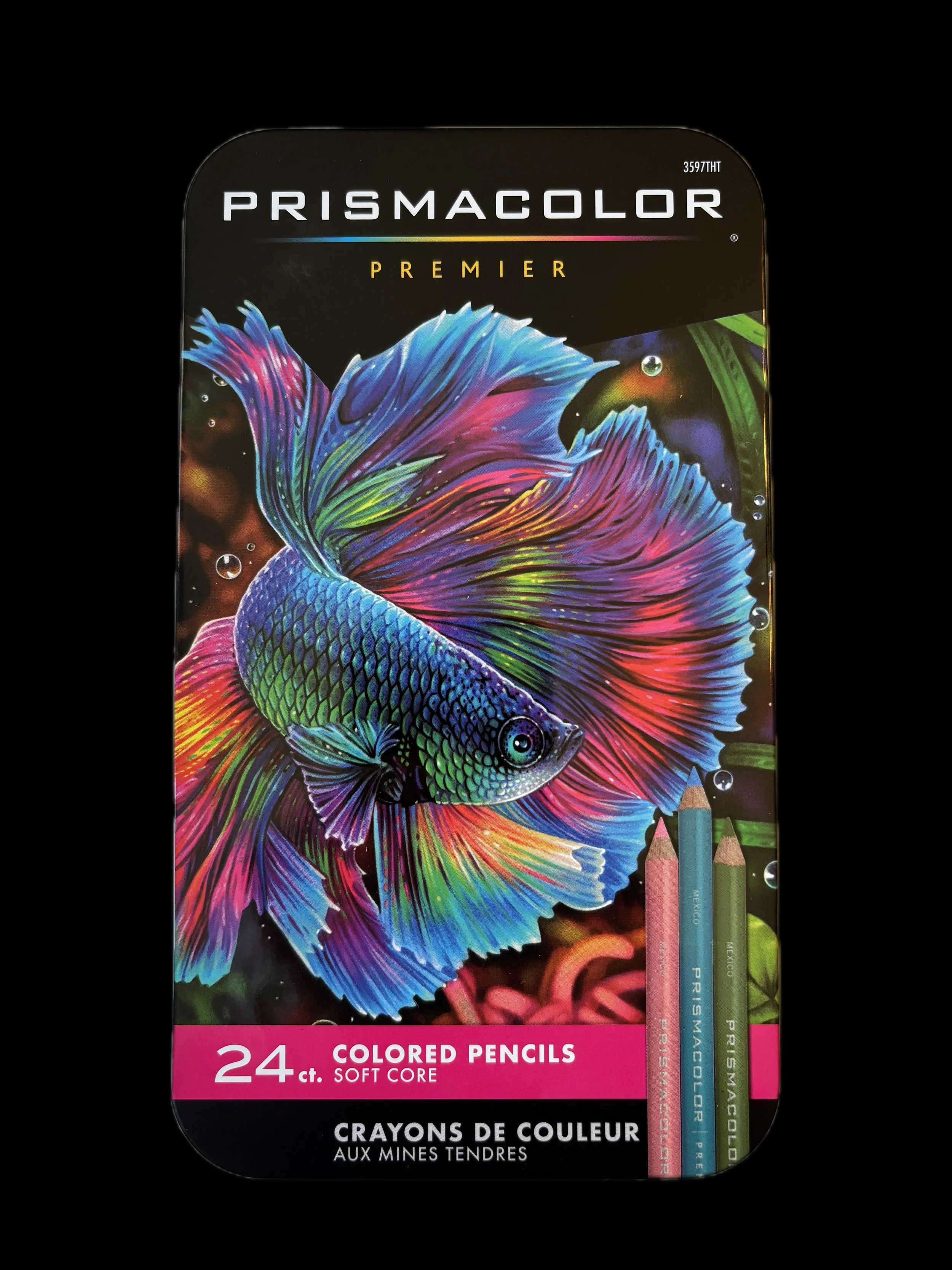 Colorful box of 24 Prismacolor Premier colored pencils with a vibrant illustration of a fish on the front.
