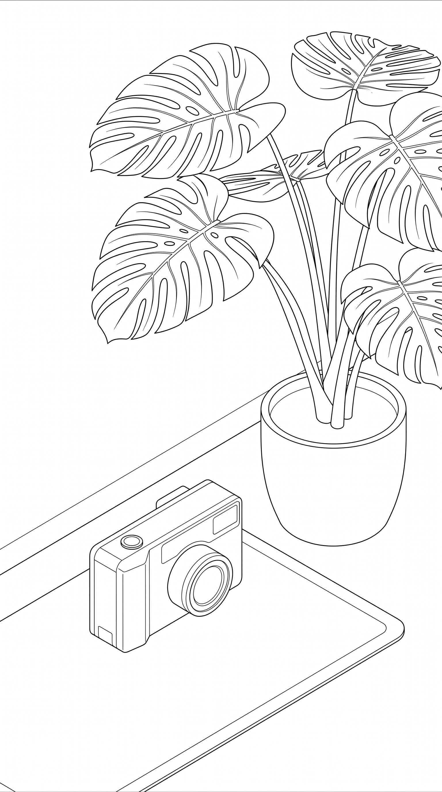 Line drawing of a potted monstera plant on a desk, with a camera and a small rectangular object nearby.