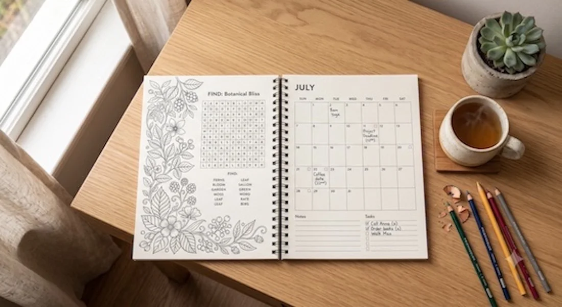 A wooden desk with a planner open to July, showing a calendar with handwritten notes, a potted succulent, a cup of tea, and colored pencils.