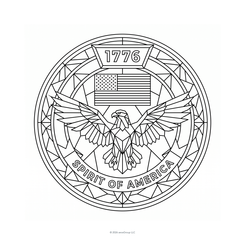 Outline of a circular emblem featuring an eagle with spread wings, an American flag, the year 1776 at the top, and the words "SPIRIT OF AMERICA" at the bottom.