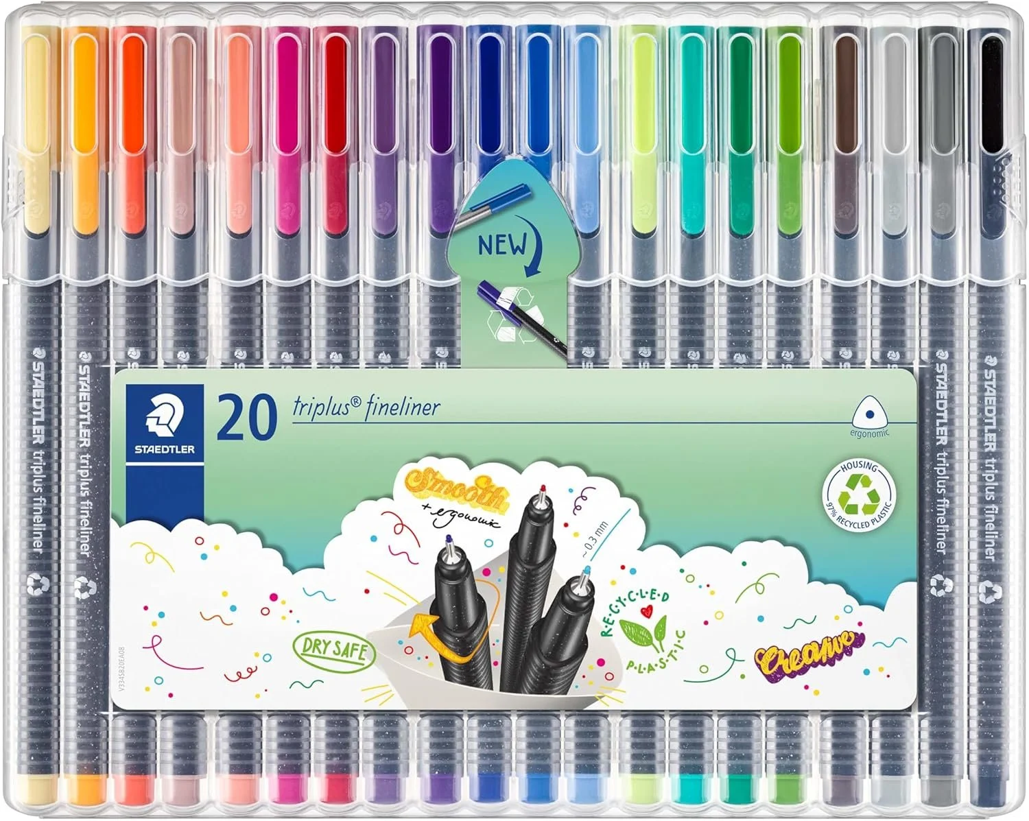 Set of 20 STAEDTLER Triplus fineliner pens in various colors arranged in a clear plastic case.