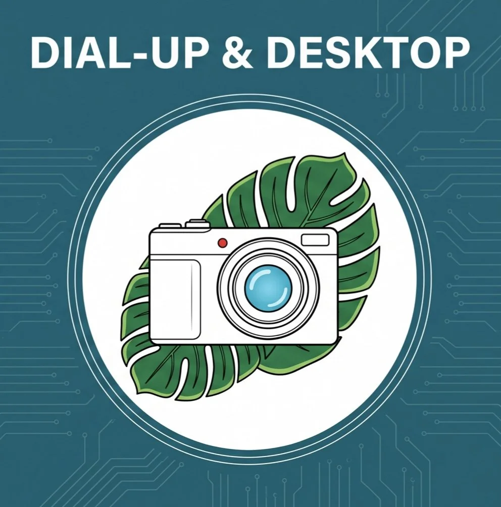Illustration of a camera in front of a large green leaf, with the text 'DIAL-UP & DESKTOP' at the top, set against a blue background with circuit-like lines.