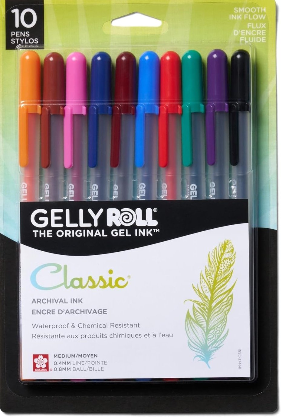 Pack of 10 Gelly Roll gel pens in various colors with green and white packaging.