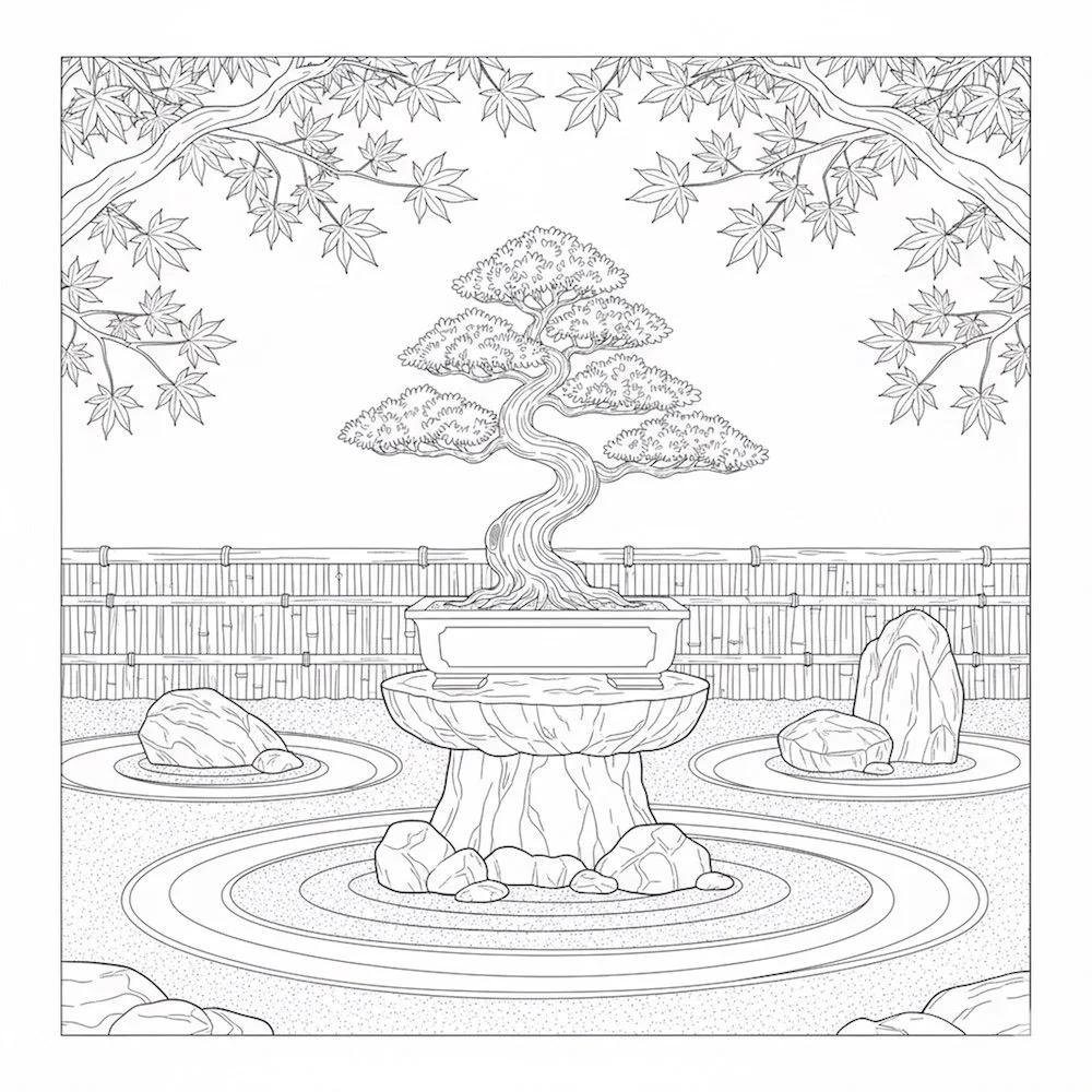 Outline drawing of a Japanese-style garden with a bonsai tree in a large pot on a stone platform, surrounded by rocks and water features, enclosed by a bamboo fence and overhanging maple leaves.