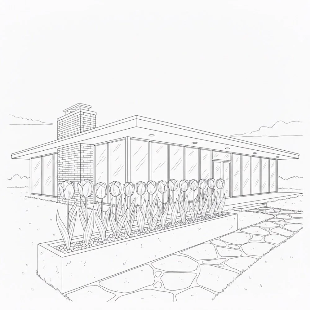 Line drawing of a modern house with large glass windows, a brick chimney, and a flower bed with tulips in front.