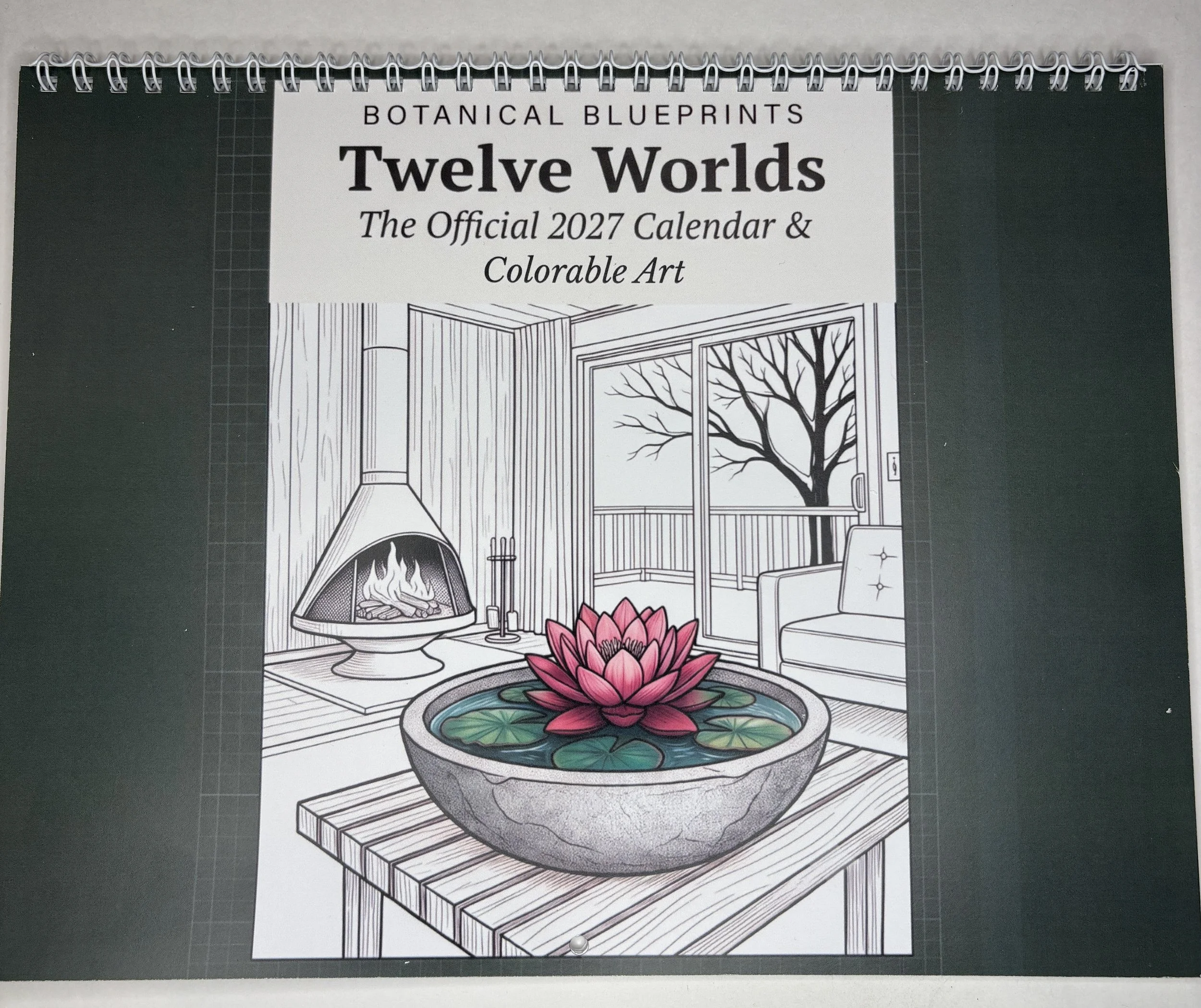 Coloring page featuring an indoor scene with an open window showing a leafless tree outside, a fireplace, and a lotus flower in a bowl on a table.