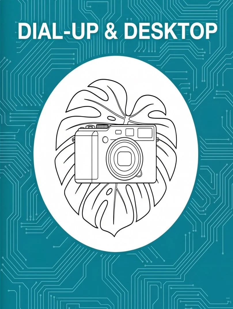 Line drawing of a camera on a leaf, on a teal background with circuit board pattern, with the text 'DIAL-UP & DESKTOP' at the top.