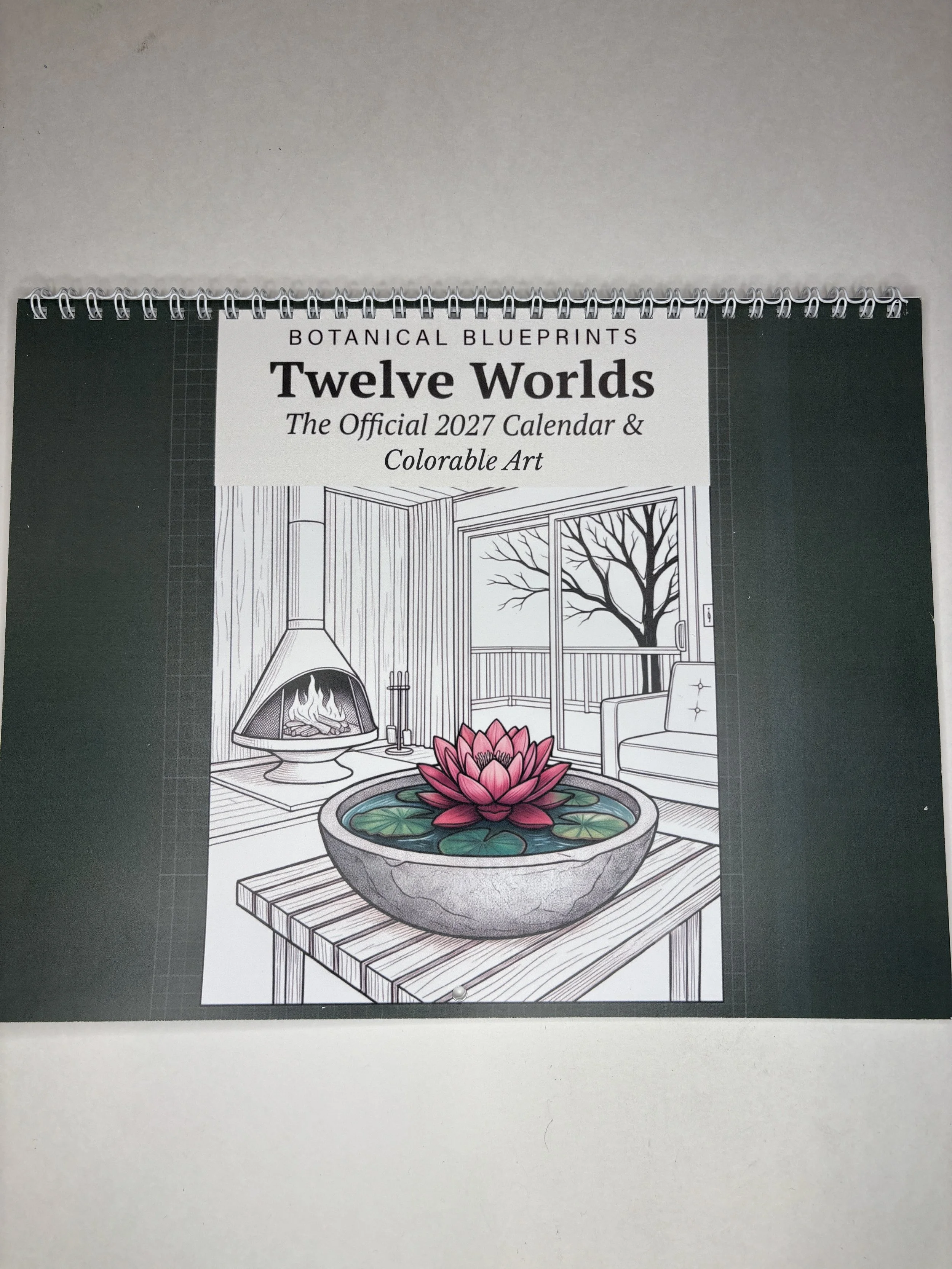 Cover of a 2027 calendar titled 'Twelve Worlds' featuring a line drawing of a cozy interior with a fireplace, window showing a tree, and a central pink lotus flower in a bowl.