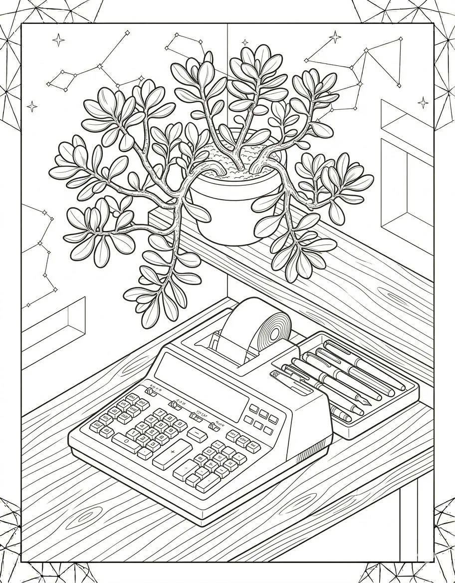 A line drawing of a desk with a cash register, a potted plant on a shelf, and constellation wall art.