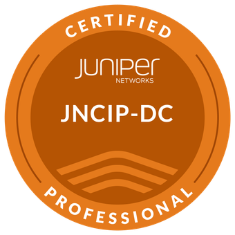 A circular badge with an orange background and white text. It reads 'CERTIFIED PROFESSIONAL' around the top and 'JUNIPER NETWORKS JCIP-DC' in the center, with three wavy lines below.