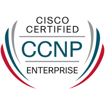 Cisco Certified Network Professional (CCNP) Enterprise logo with curved lines in gray, teal, and red.