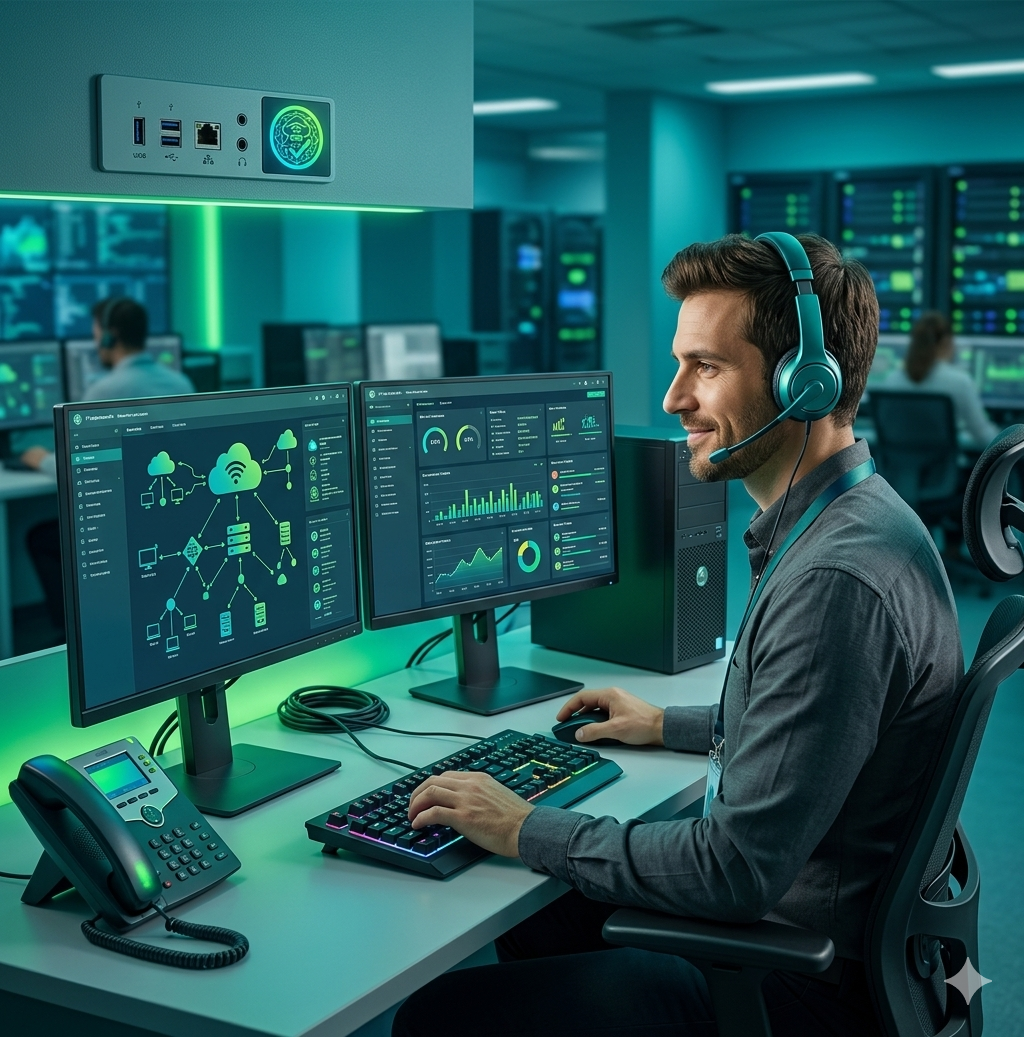 A man with a headset working at a command center with multiple monitor screens displaying cyber security and data analytics visuals.