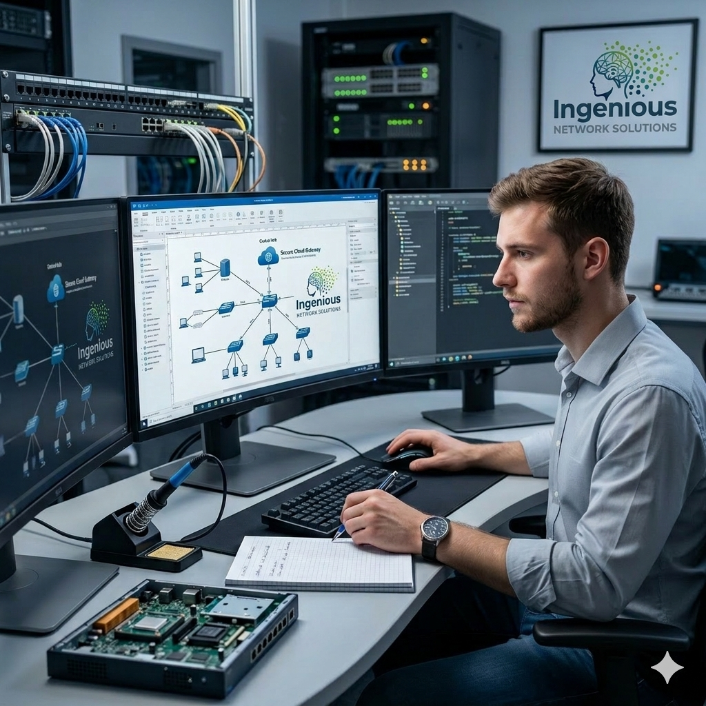 A man working at a desk with three computer monitors displaying network diagrams, in a server room with network equipment, and a framed logo that reads 'Ingenious Network Solutions' on the wall.