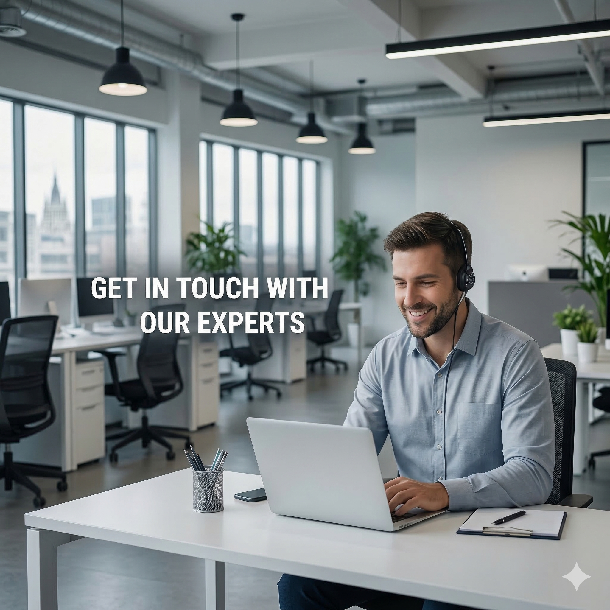 A man in a light blue shirt smiling and wearing a headset, working on a laptop at a white desk in a modern office with large windows and green potted plants, with text overlay that reads "Get in touch with our experts."