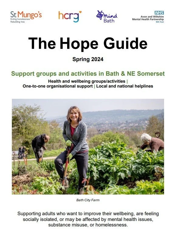 Cover page of 'The Hope Guide' Spring 2024, showing a woman smiling with a shovel in a garden, alongside other people gardening, with green plants and a scenic landscape in the background.