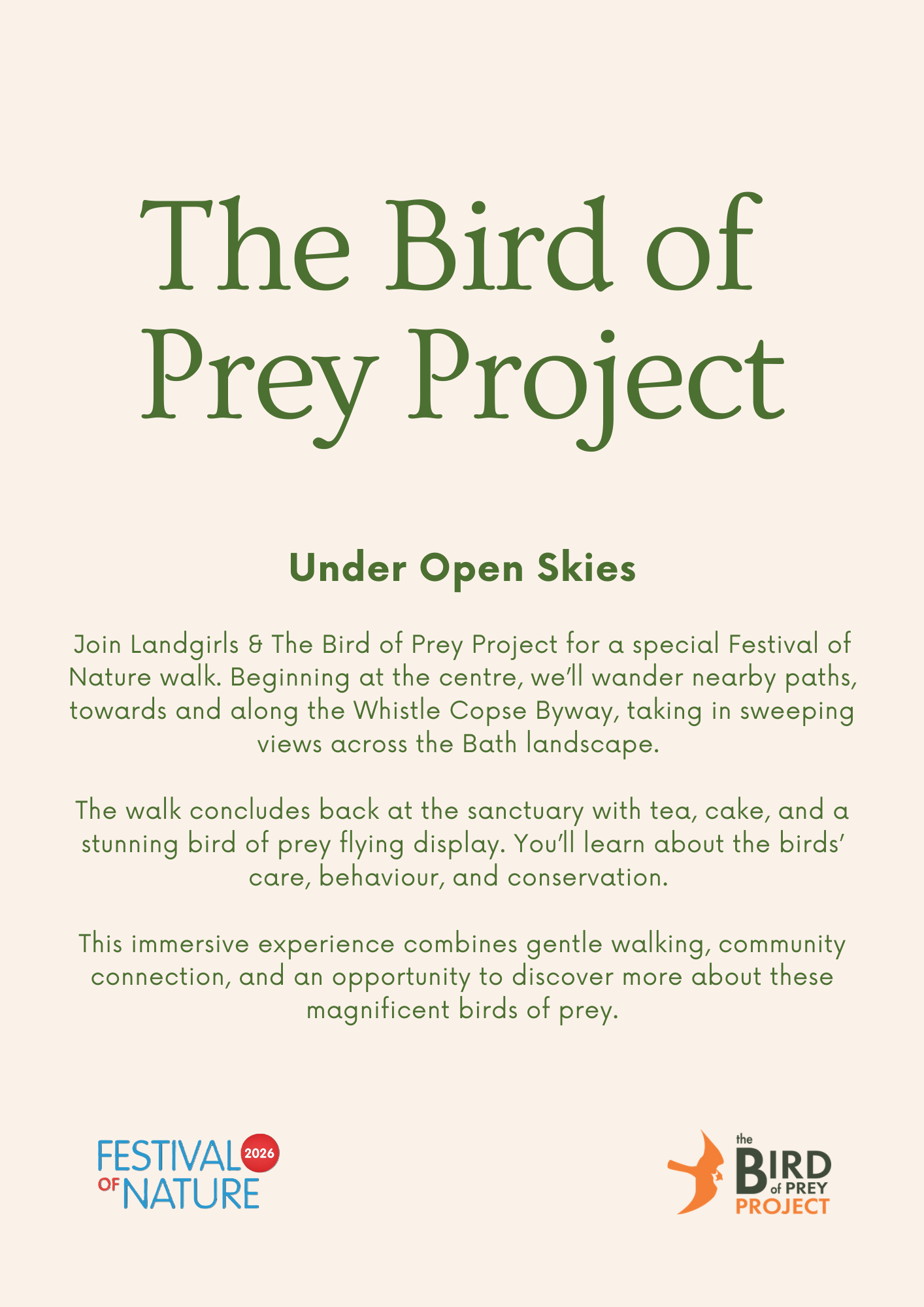 Poster for The Bird of Prey Project at the Festival of Nature 2026. It describes a nature walk focusing on predatory birds, ending with refreshments and information on bird conservation.