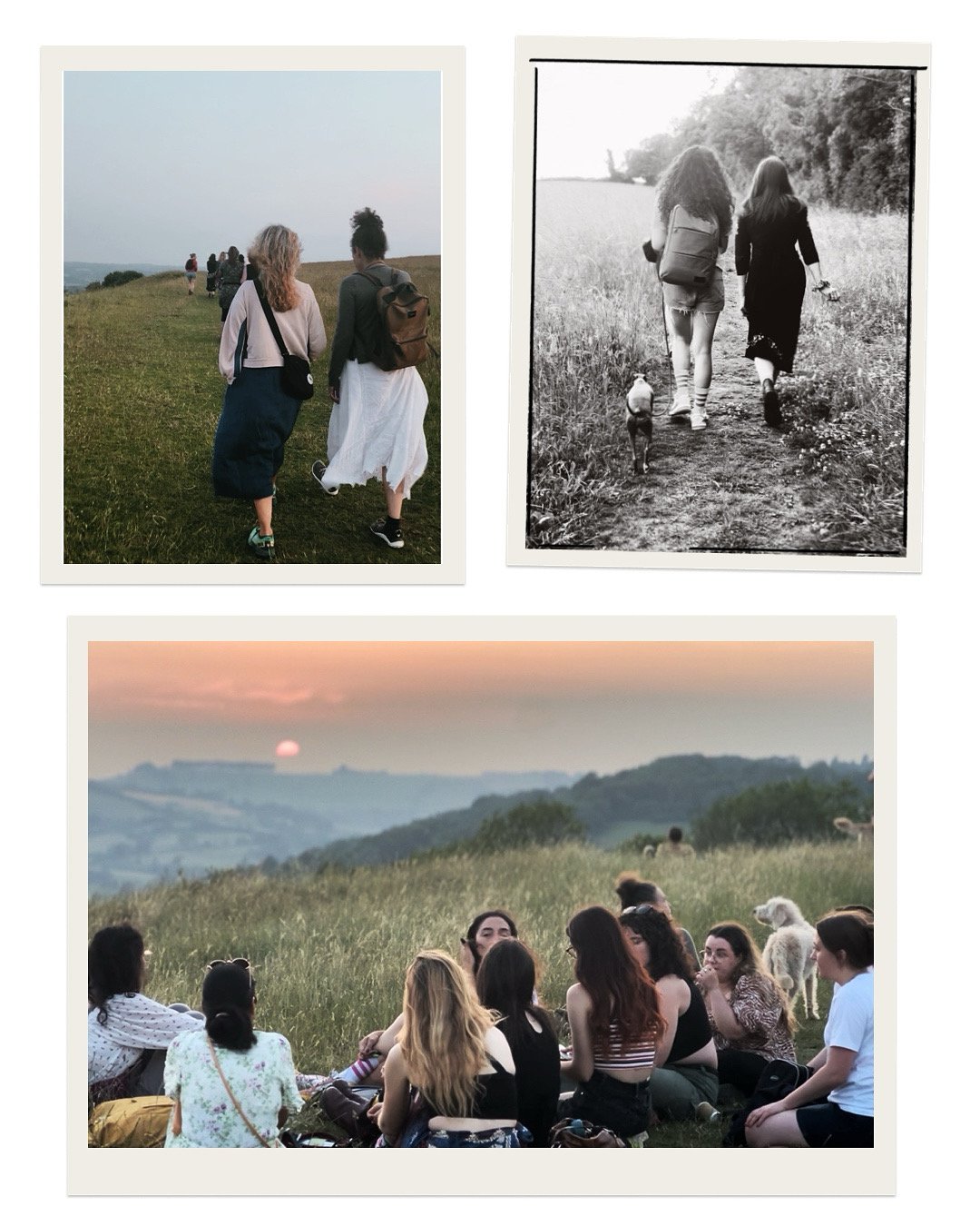 Three photographs of outdoor scenes with groups of young people. The first shows two women walking in a grassy field at sunset, with more people in the distance. The second is a black-and-white photo of two women with backpacks walking on a trail with a dog, taken from behind. The third depicts a group of young women sitting on the grass during sunset, with some dogs nearby and scenic hills in the background.