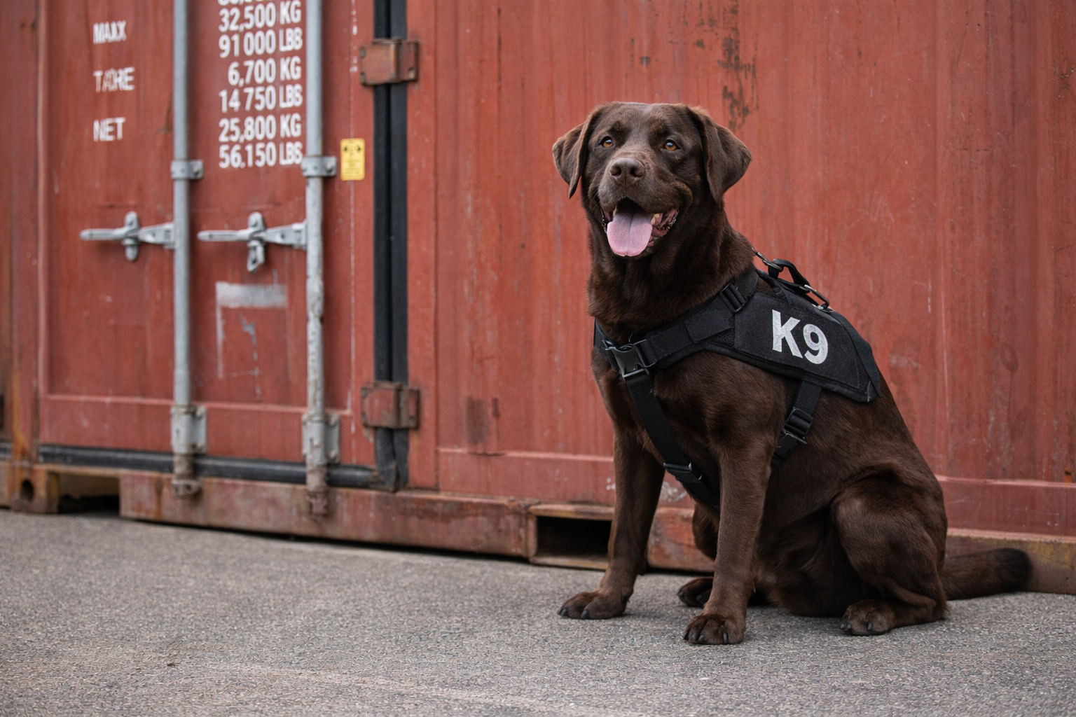 A chocolate Labrador Retriever Police K9 dog sitting on the ground with its tongue out, in front of a red shipping container with weight specifications printed on it.
