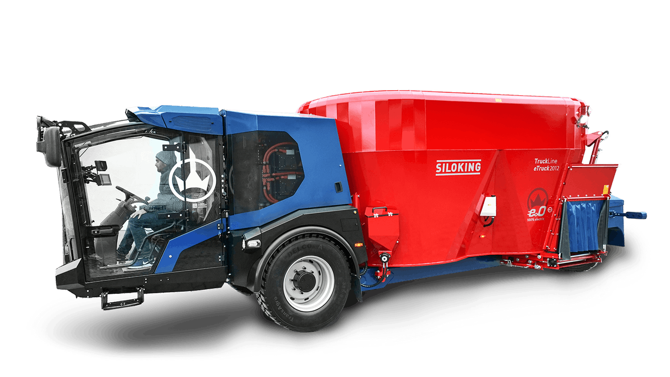 Studio side profile view of a red and blue Siloking TruckLine eTruck 2012 100% electric self-propelled TMR mixer wagon.