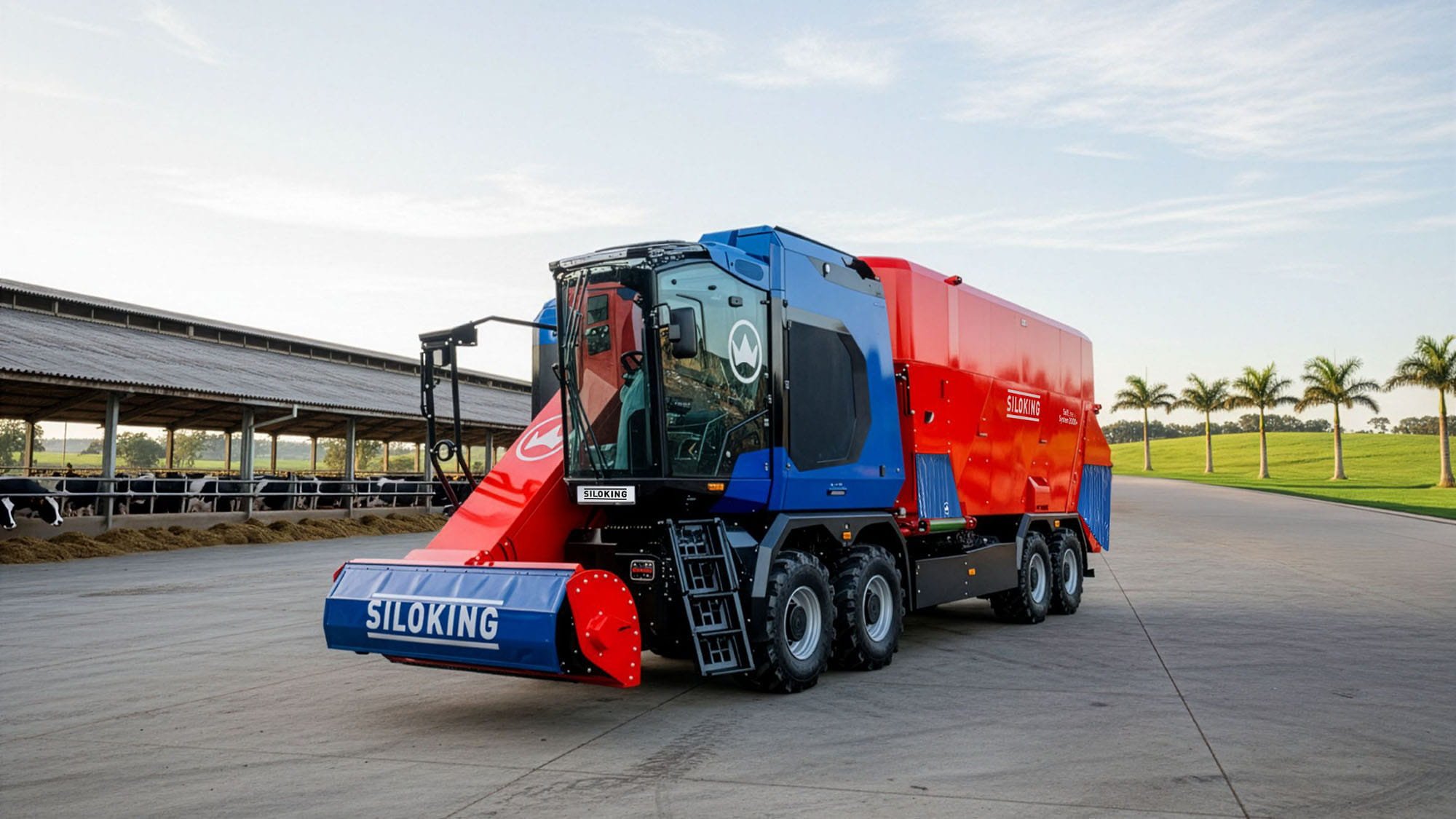 Three-quarter view of an industrial four-axle Siloking SelfLine System 2000 plus self-propelled TMR mixer parked outside a massive commercial livestock barn.