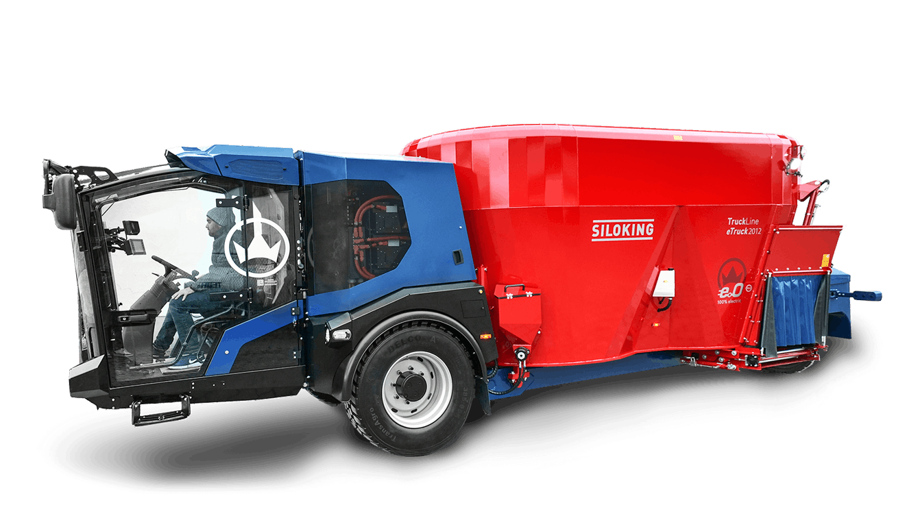 Studio side profile view of a red and blue Siloking TruckLine eTruck 2012 100% electric self-propelled TMR mixer wagon.