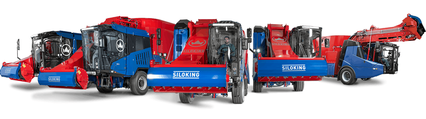 Siloking SelfLine self-propelled TMR feed mixer family lineup showcasing premium, compact, and heavy-duty industrial models.