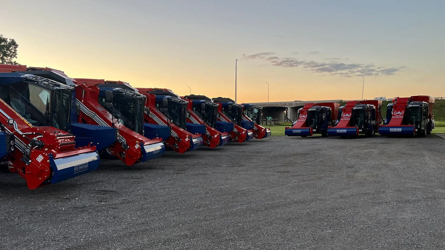 A large lineup of red and blue Siloking SelfLine self-propelled TMR feed mixers parked in rows on a gravel dealership lot during a sunset.