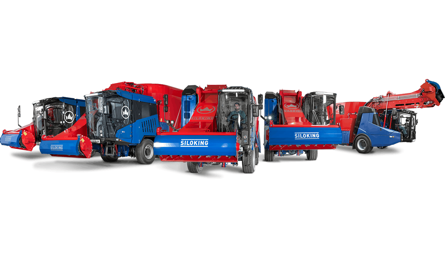 Siloking SelfLine self-propelled TMR feed mixer family lineup showcasing premium, compact, and heavy-duty industrial models.