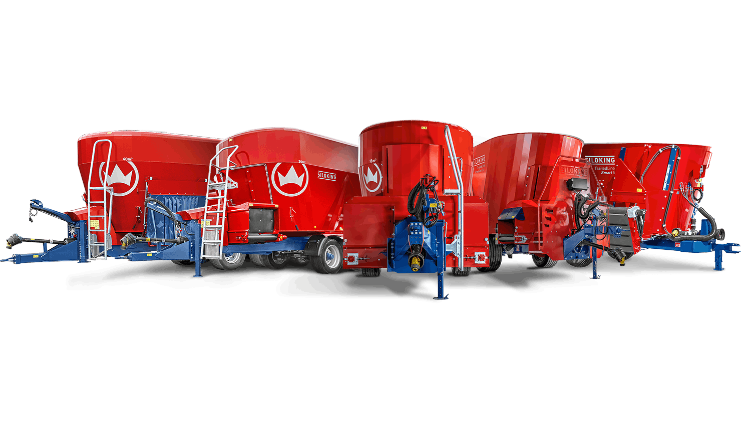 Siloking TrailedLine vertical pull-type TMR mixer wagon family lineup highlighting various tub capacities.
