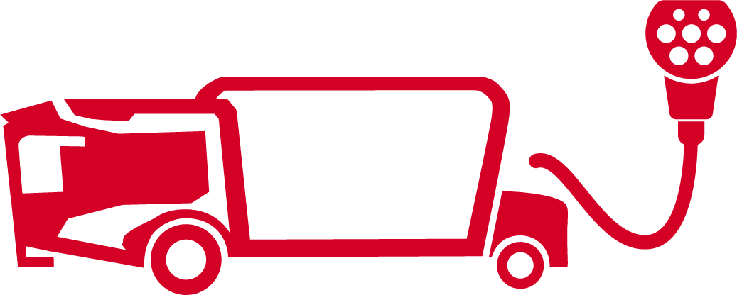 A red minimalist graphic icon illustrating an electric Siloking TruckLine self-propelled feed mixer with a charging plug cable.