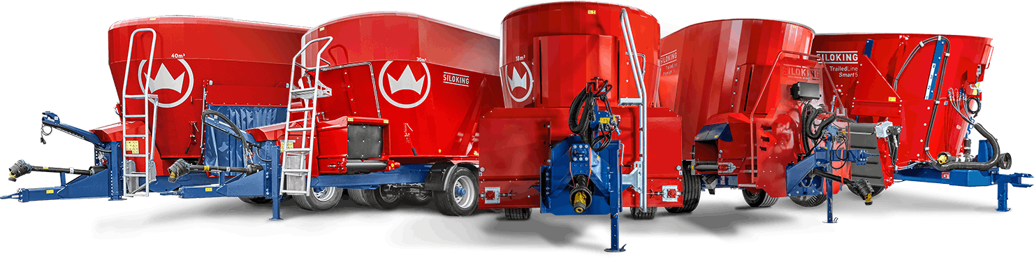Siloking TrailedLine vertical pull-type TMR mixer wagon family lineup highlighting various tub capacities.