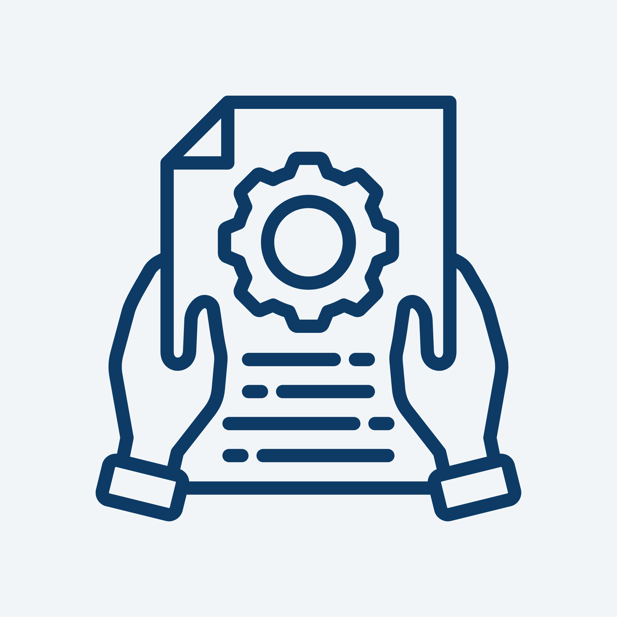 Outline illustration of hands holding a document with a gear symbol and lines of text.