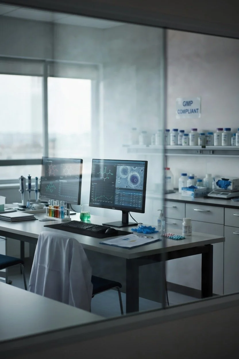 View through a window of a laboratory with two computer monitors displaying scientific data and images, test tubes with liquids, medication bottles, and lab equipment on the white countertop, and a sign on the wall that reads 'GMP COMPLIANT'.