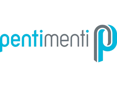 Pentimento logo with stylized lowercase 'p' in blue and gray.