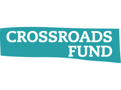 Logo of Crossroads Fund with text on a blue background.
