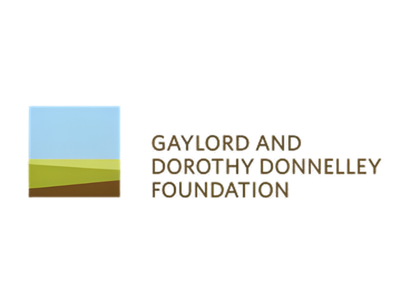 logo of Gaylor and Dorothy Donnelley Foundation featuring a stylized landscape with a blue sky, green hill, and a red ground