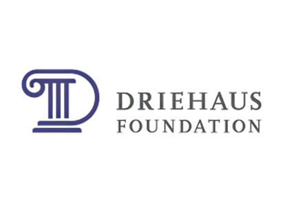 Logo for Driehaus Foundation featuring a stylized blue letter D with decorative swirls and the foundation's name in black and gray text.
