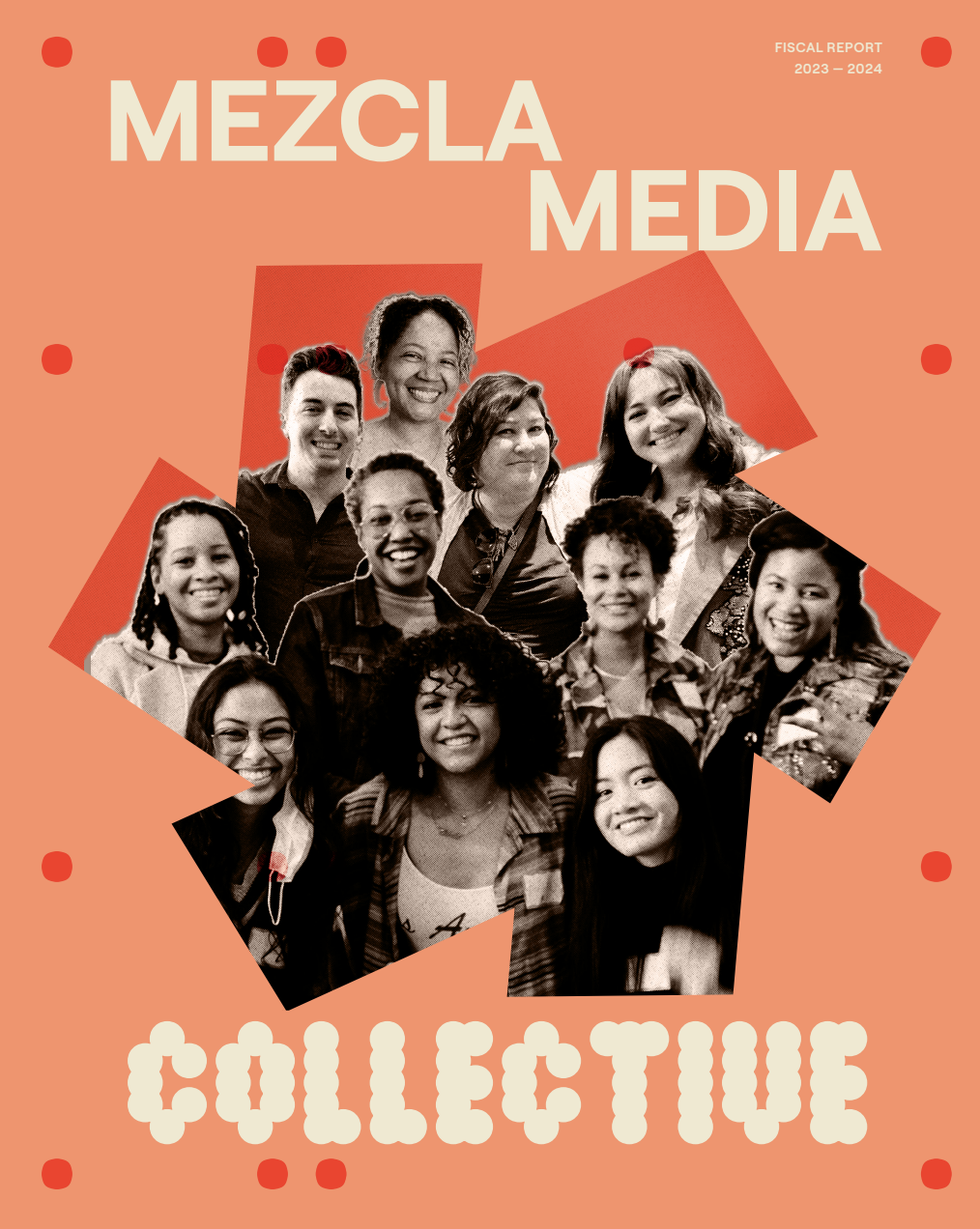 Cover page of a report titled 'Mezcla Media Collectique' featuring a group photo of diverse women and girls, with an orange background and red dots.