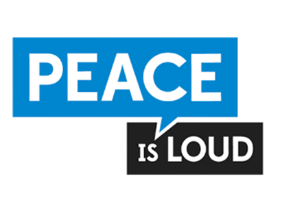Graphic with the word 'PEACE' in blue, a speech bubble, and the phrase 'IS LOUD' in black.