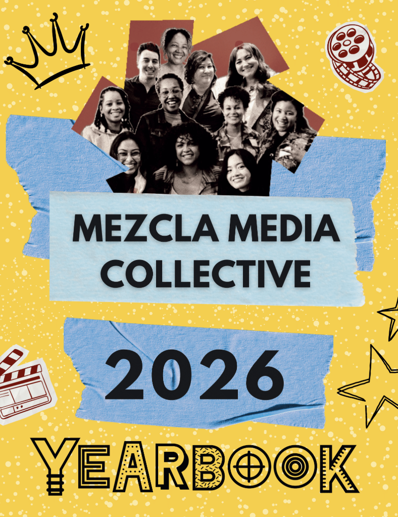 Cover of a yearbook titled "Mezcla Media Collective 2026 Yearbook" featuring a collage of diverse smiling people, with decorative doodles of a crown, film reel, clapperboard, and stars on a yellow background with white speckles.