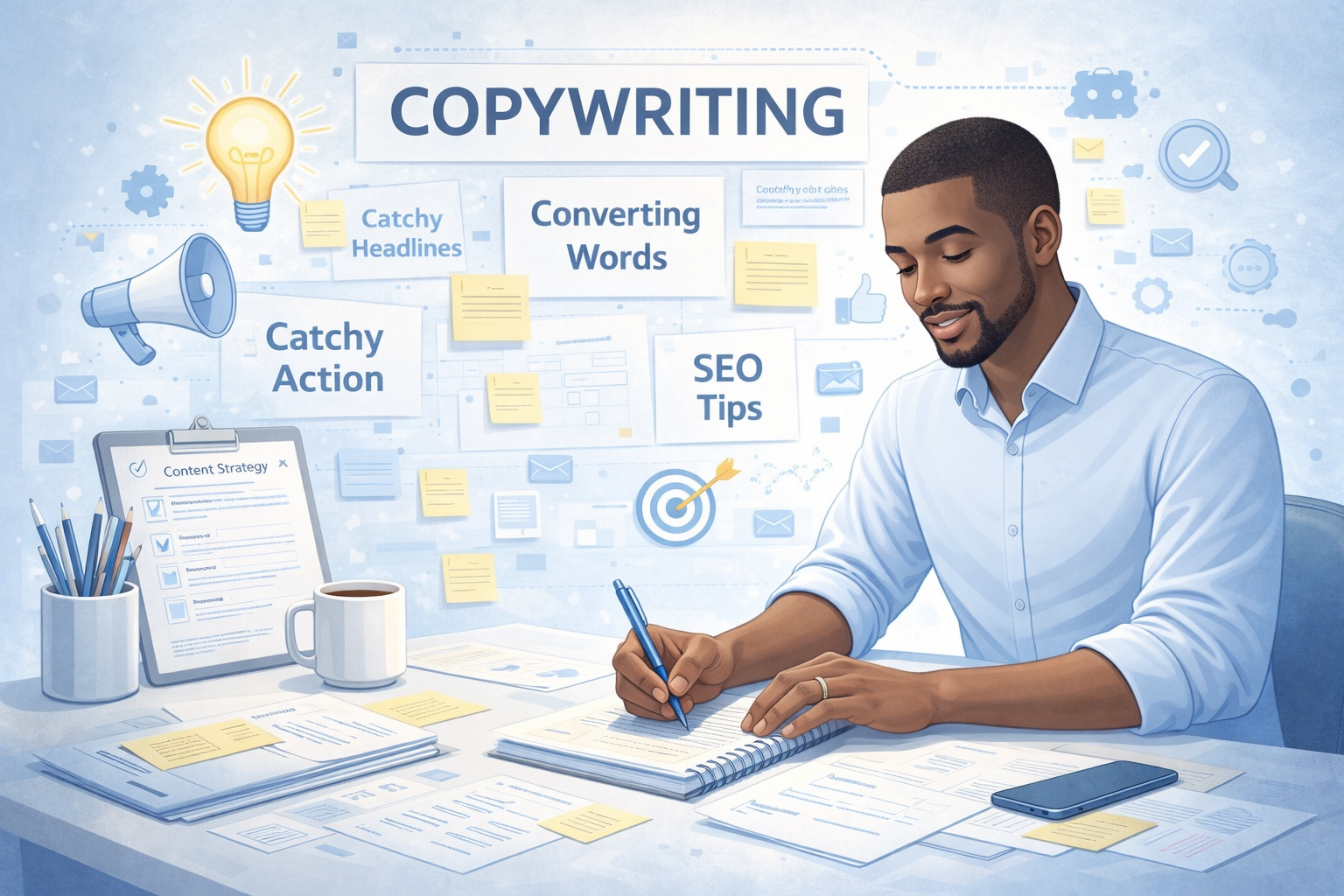 A man sitting at a desk writing in a notebook surrounded by documents, with a clipboard, a cup of coffee, pens in a holder, and a smartphone. The background shows a digital collage with keywords related to copywriting such as 'Catchy Headlines,' 'Converting Words,' 'Catchy Action,' 'SEO Tips,' and icons like a light bulb, megaphone, target, email, and magnifying glass.