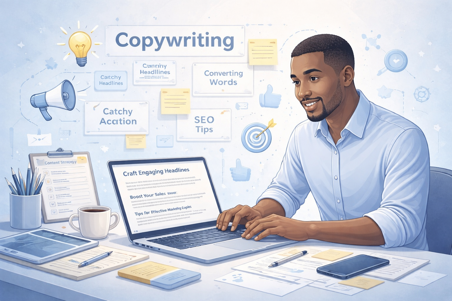 Illustration of a man working at a desk with a laptop, surrounded by stationery and digital icons related to copywriting, SEO tips, headlines, and content strategy.