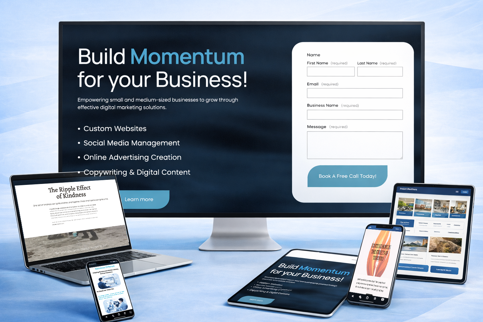 A digital marketing service advertisement displayed on various devices including a large desktop monitor, laptop, tablet, and smartphones. The screen on the desktop features a promotional message with a form to build momentum for a business, listing services like custom websites and social media management. The devices show different marketing content and websites against a light blue background.