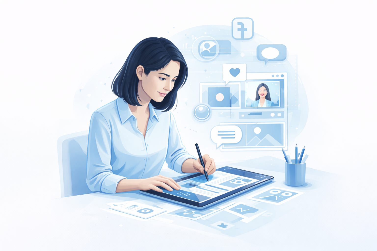 A woman in a blue shirt working on a digital tablet, designing a social media profile with various multimedia icons and a video chat window.