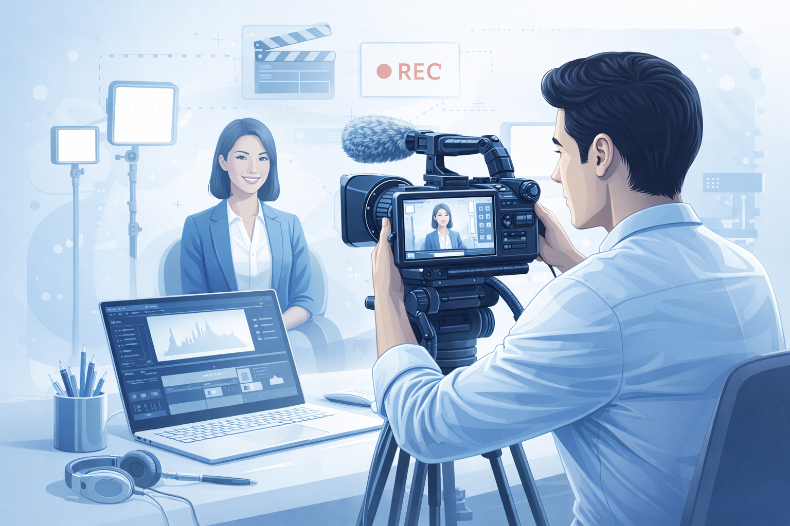 A woman in a blue blazer being interviewed in a studio with professional lighting, camera, and video recording equipment, including a video camera, a laptop, and headphones, with a monitor and lighting setup in the background.