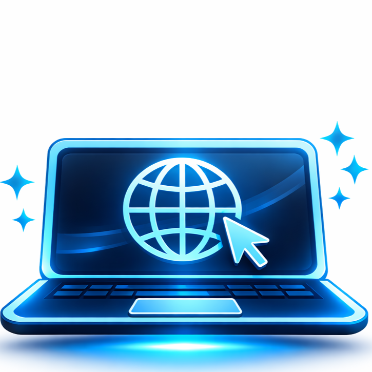 Icon of a laptop with a globe symbol and a cursor on the screen, representing internet or web browsing.